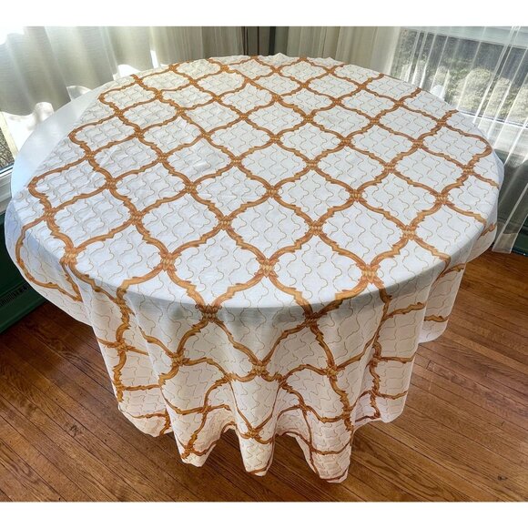 Vintage pair of 80s curtains, yellow gold, white lattice, Hollywood Regency - Picture 5 of 9